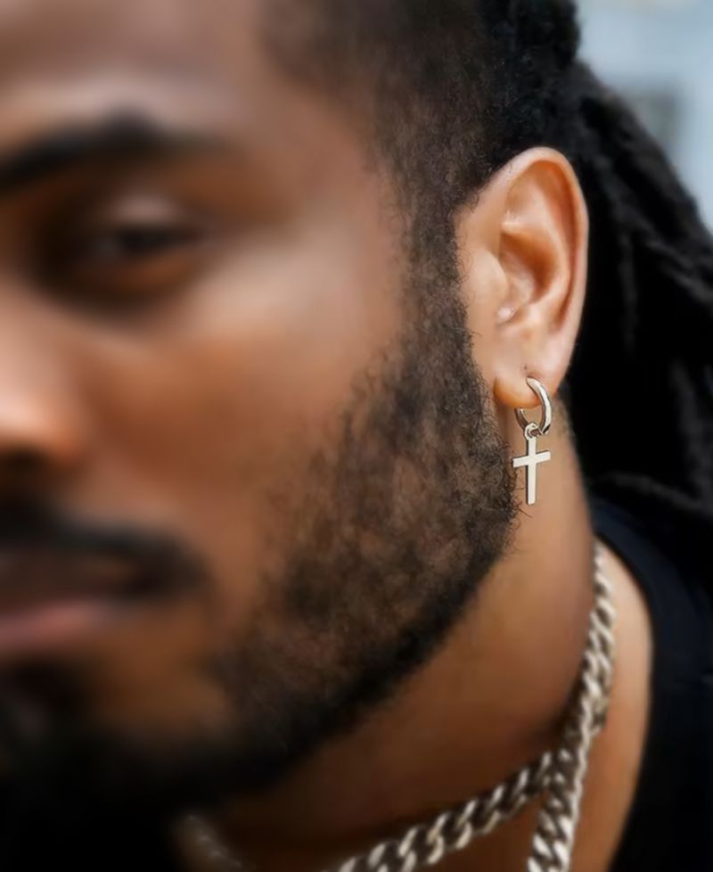 Men's Classic Cross Hoop Earrings in Sterling Silver