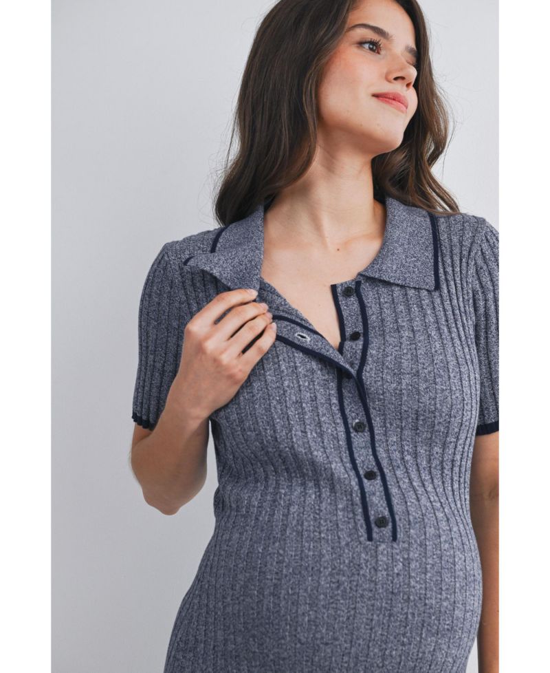 Women's Maternity Collared Ribbed Knit Midi Dress with Button-Front Nursing Access