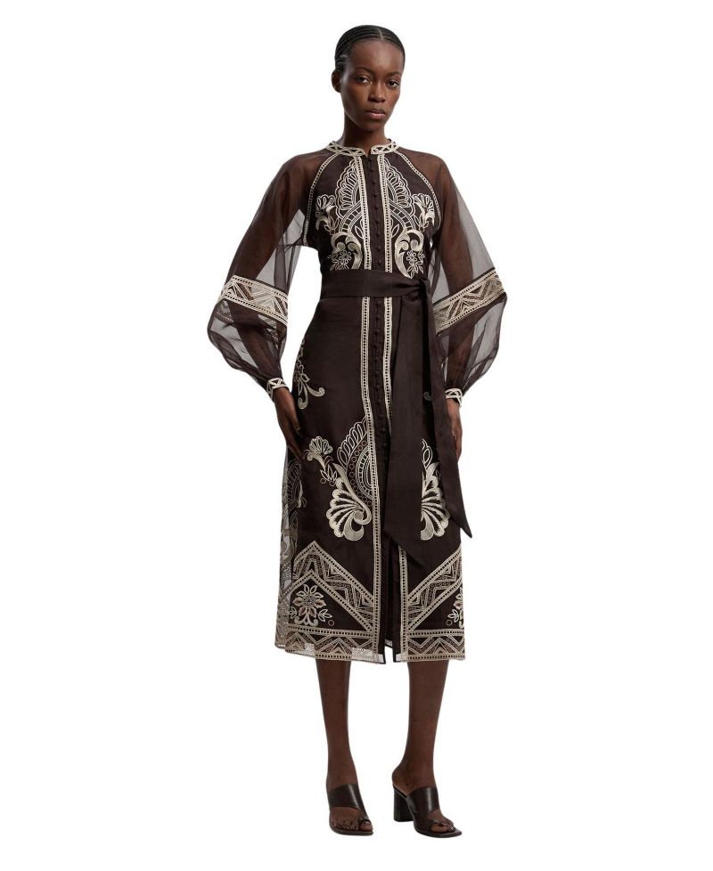 Women's Embroidered Mandarin Collar Midi Dress
