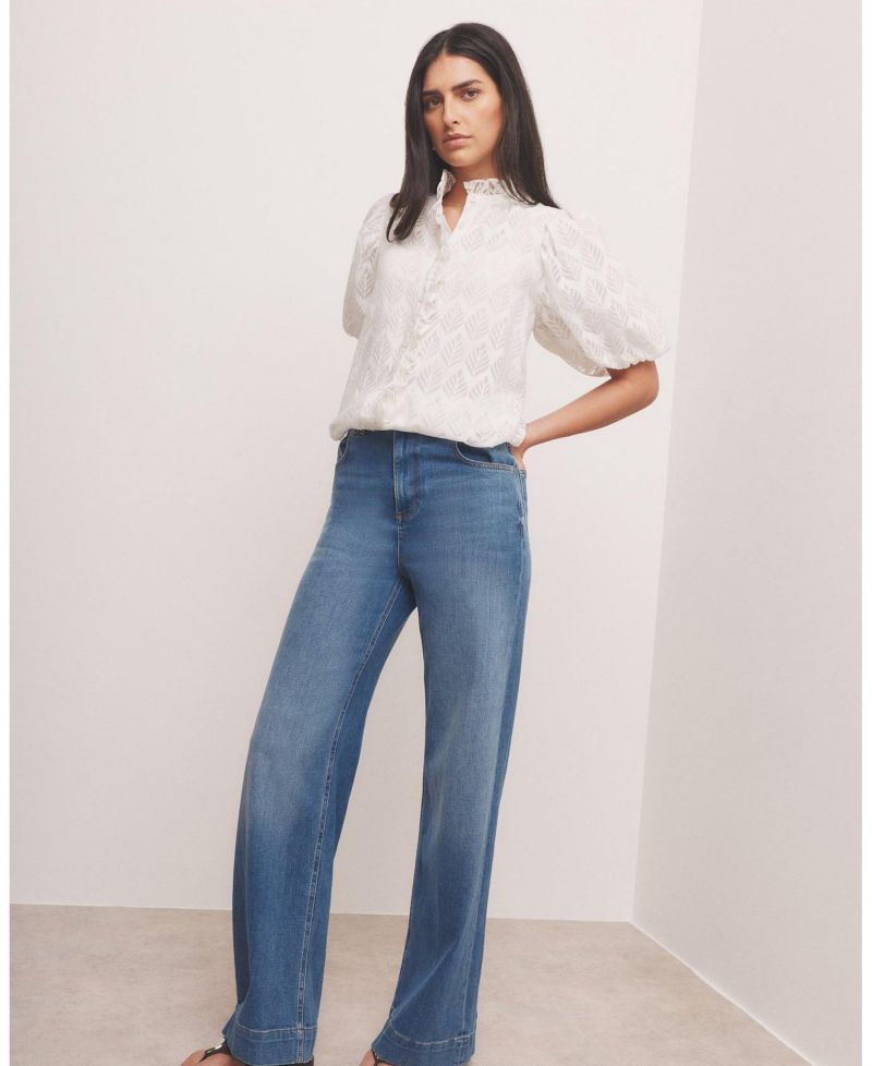 Women's Short Puff Sleeve Jacquard Ruffle-Trim Blouse