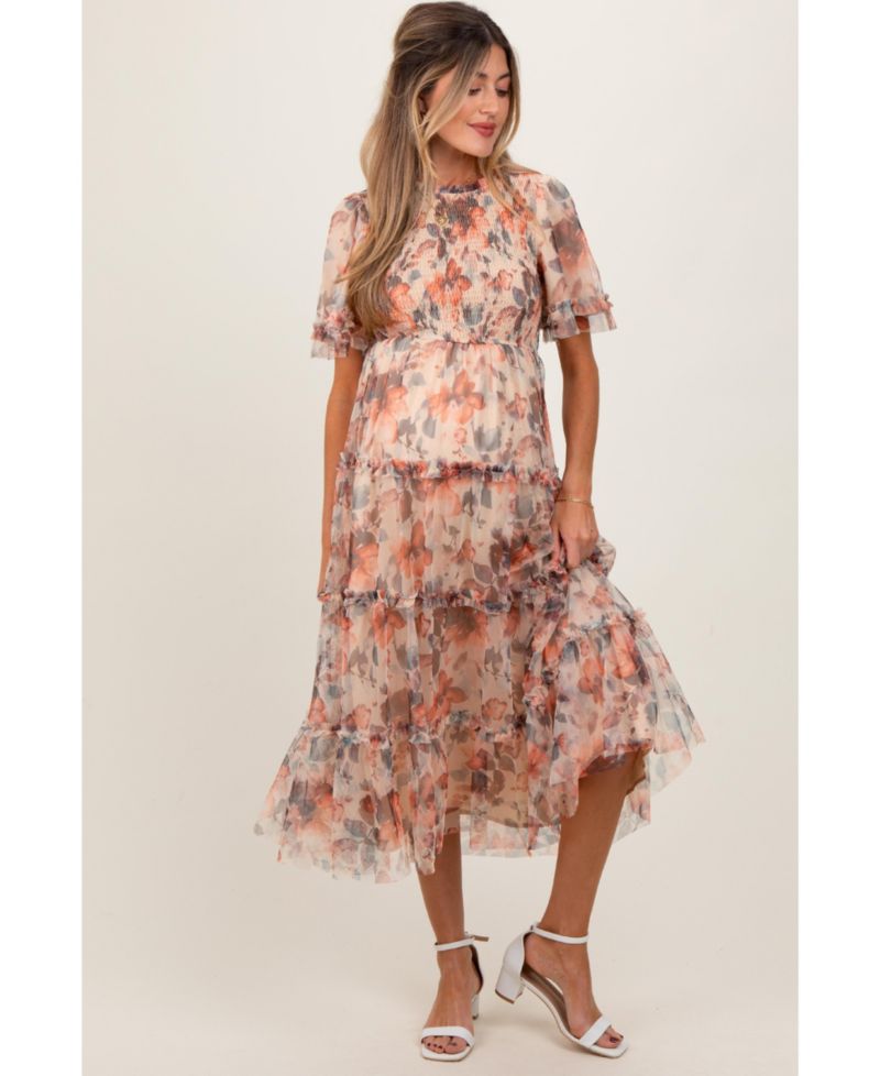 Women's Peach Floral Mesh Smocked Midi Dress