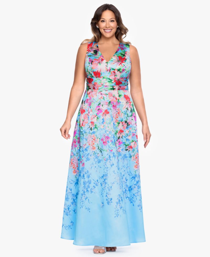 Plus Size Floral Print V-Neck Sleeveless Gown