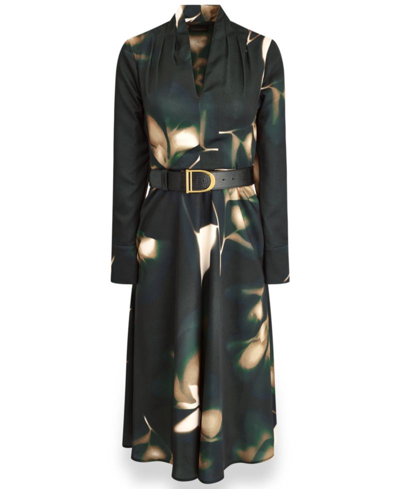 Women's Long-Sleeve Printed Charmeuse A-Line Dress With Belt