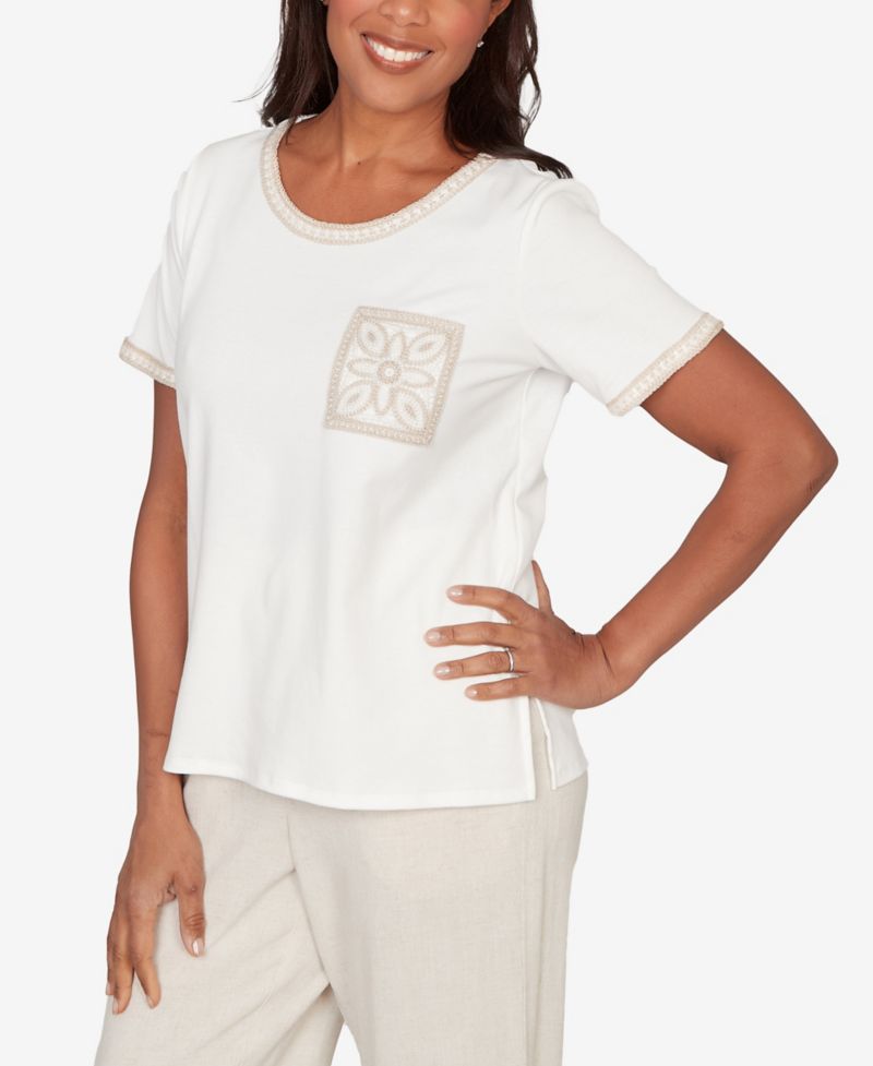 Petite Natural Wonder Crochet Pocket Short-Sleeve T-Shirt