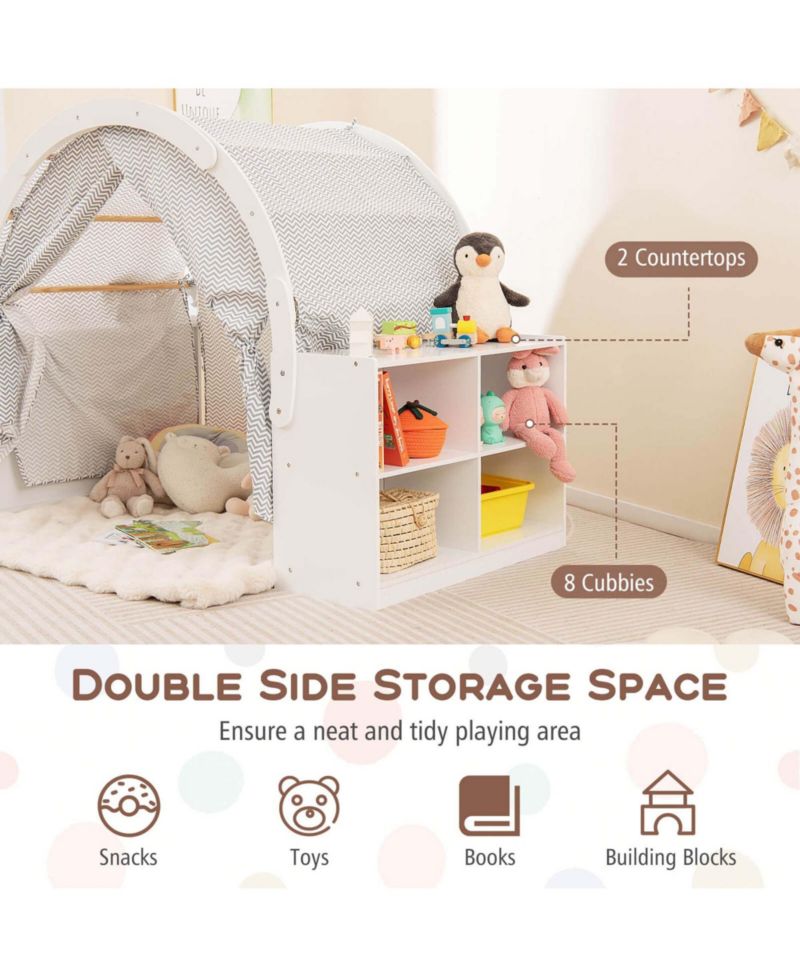 Wooden 8-Cubby Storage Playhouse with Curtain Shades