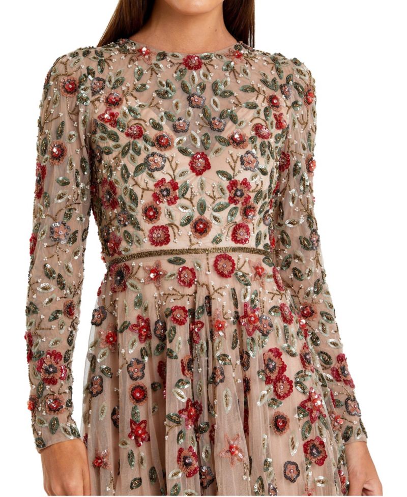 Petite Embellished High Neck Long Sleeve A-Line Gown