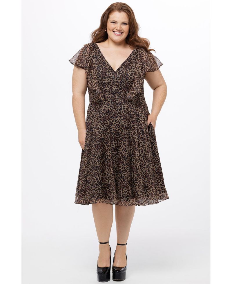 Women's V-Neck Flutter Sleeve Animal Print Dress