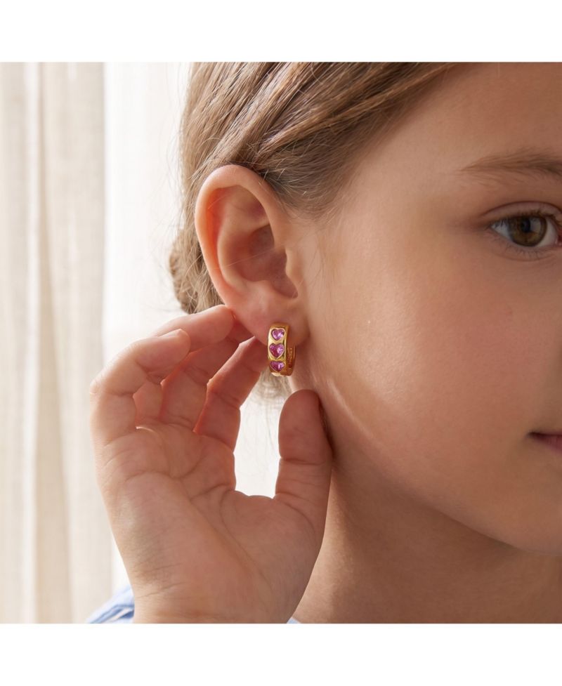 Sparkling 14K Gold Plated Triple Pink Heart Cubic Zirconia Hoop Earrings