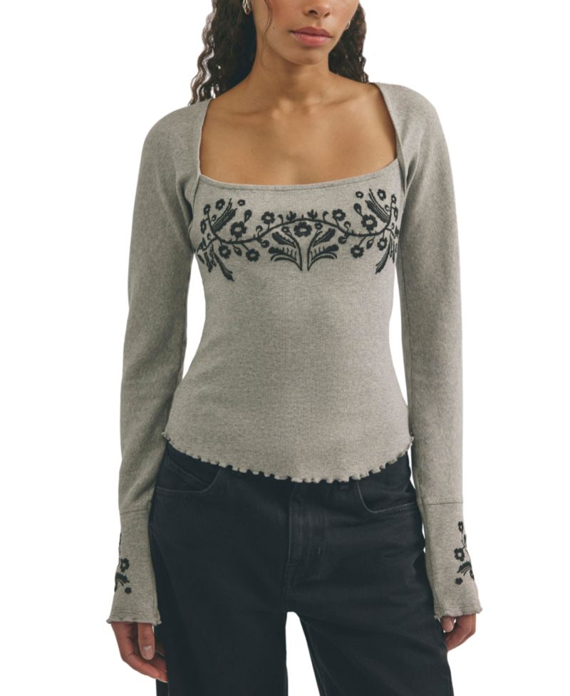 Women's Olivia Embroidered Square-Neck Ribbed Knit Cotton-Blend T-Shirt