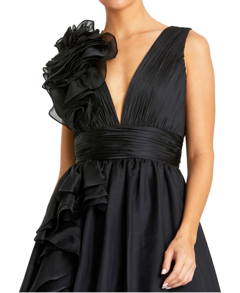 Petite Ruffle Shoulder V-Neck A-Line Evening Gown