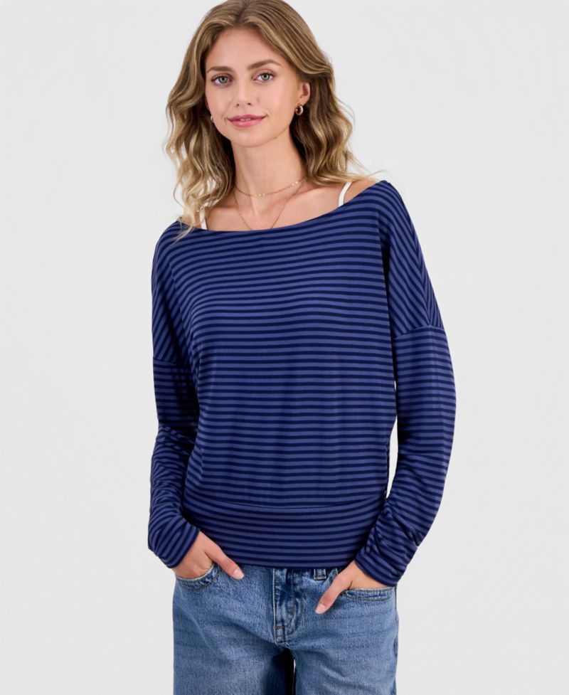 Juniors' Striped Layered-Look Dolman-Sleeve Top