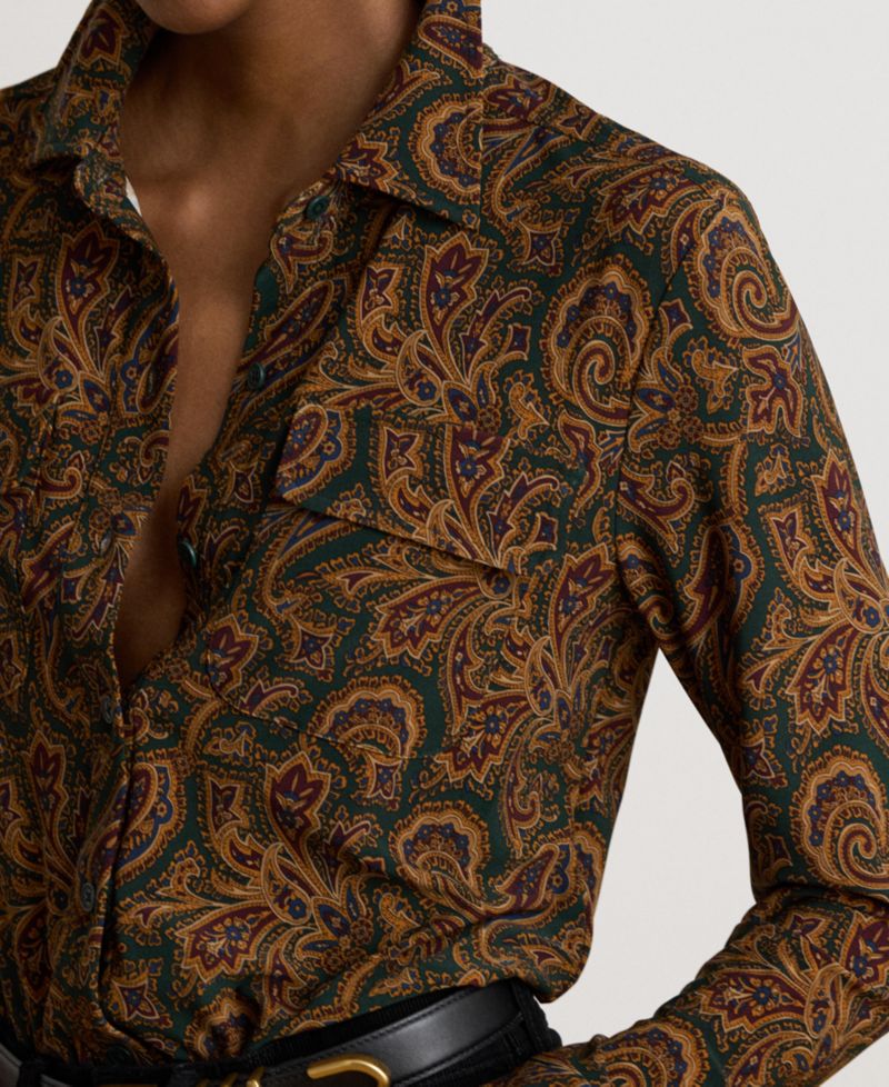 Women's Paisley Stretch Jersey Shirt Long-Sleeve Button-Up Blouse