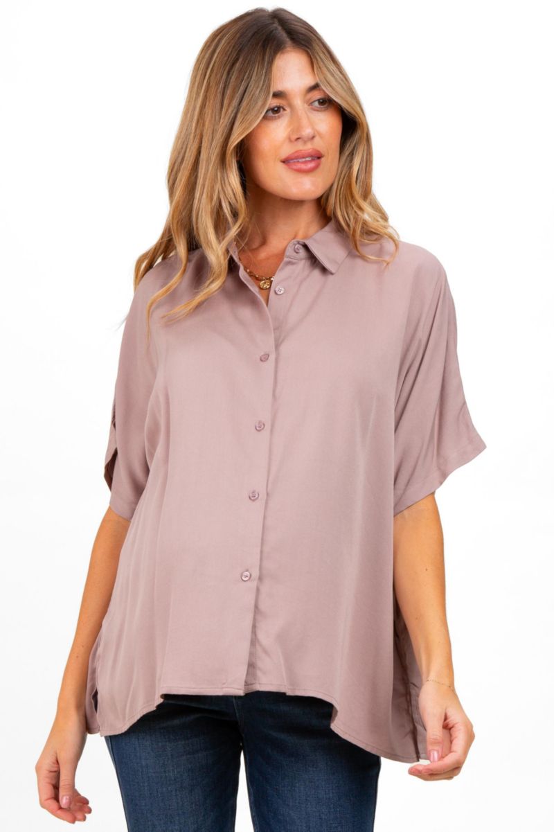 Women's Taupe Dolman Sleeve Button Down Blouse