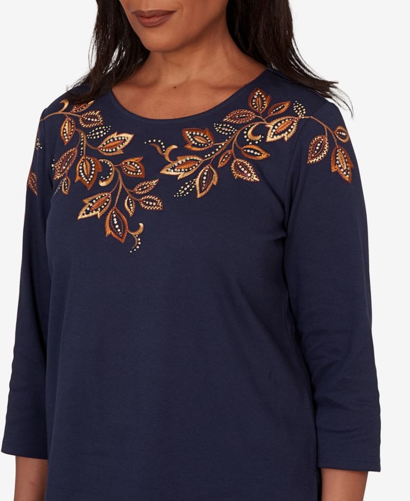 Petite Autumn Embroidered Navy Knit Top