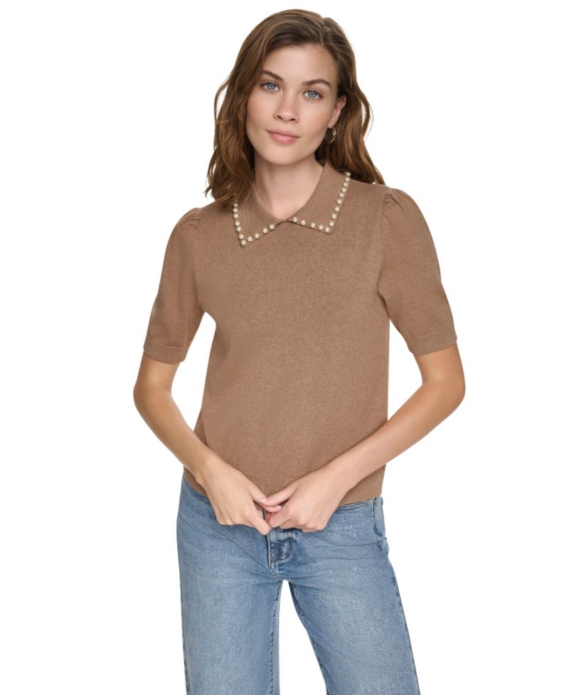 Petite Embellished Short-Puff-Sleeve Polo Sweater