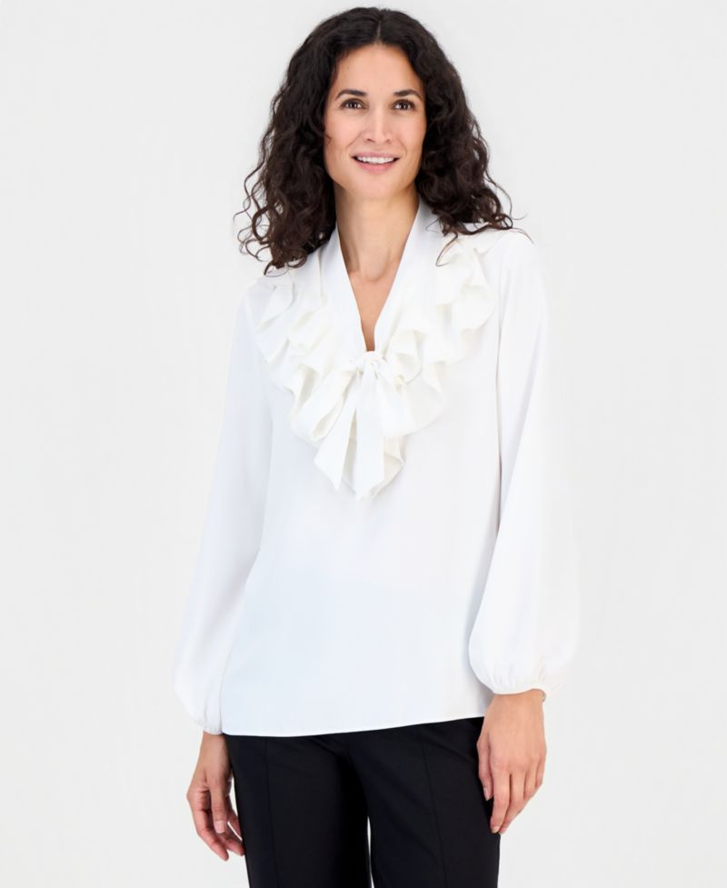 Women's Ruffle-Neck Tie-Front Long-Sleeve Blouse