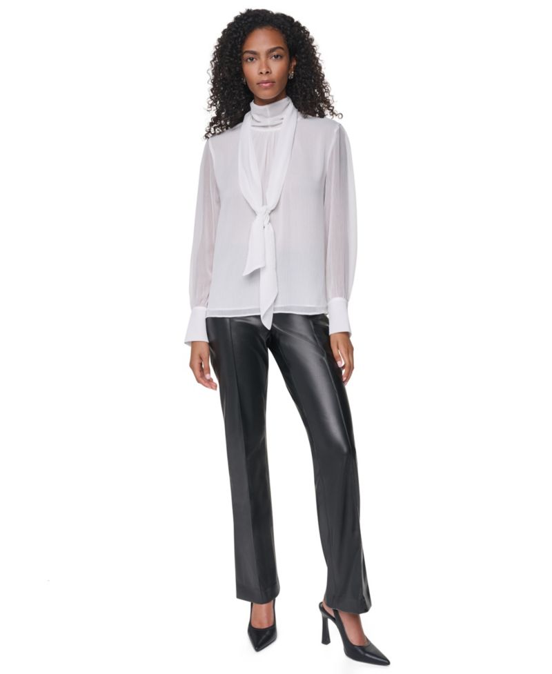 Women's Mock Neck Woven Fitted Long-Sleeve Blouse