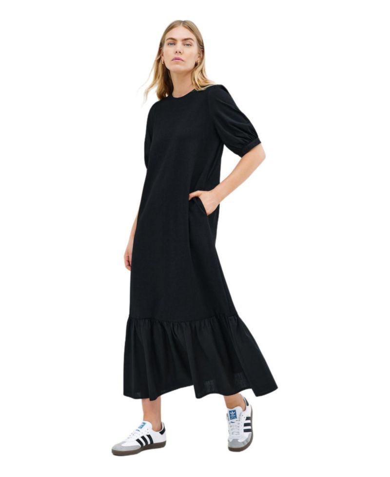 Women's Olivia Puff-Sleeve Crew-Neck Midi Dress with Pockets