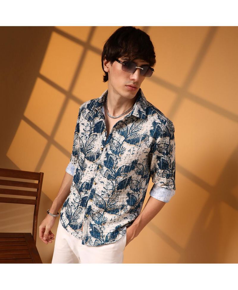 Men's Ivory White & Indigo Blue Foliage-Waffle Shirt