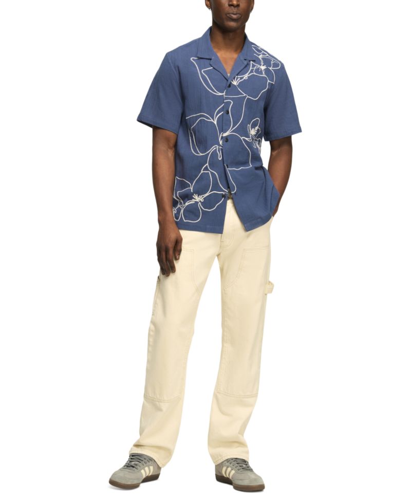Men's Floral Embroidered Motif Camp Shirt