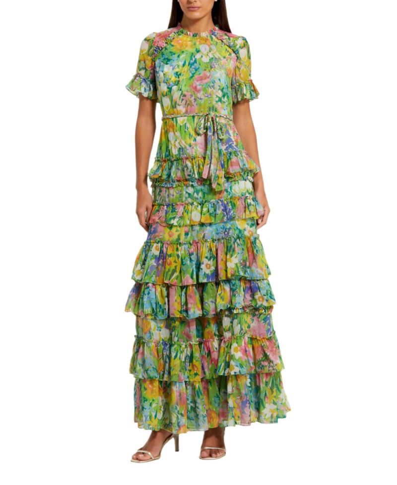 Women's Floral Printed Chiffon Tiered Ruffle Gown