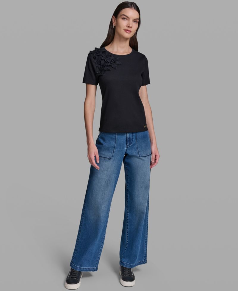 Women's Floral Applique Short-Sleeve Rib Knit Top