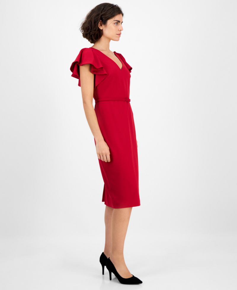 Women's V-Neck Ruffle-Sleeve Sheath Dress