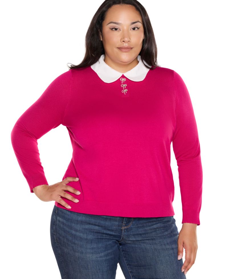 Plus Size Collared Long-Sleeve Bow-Detail Sweater