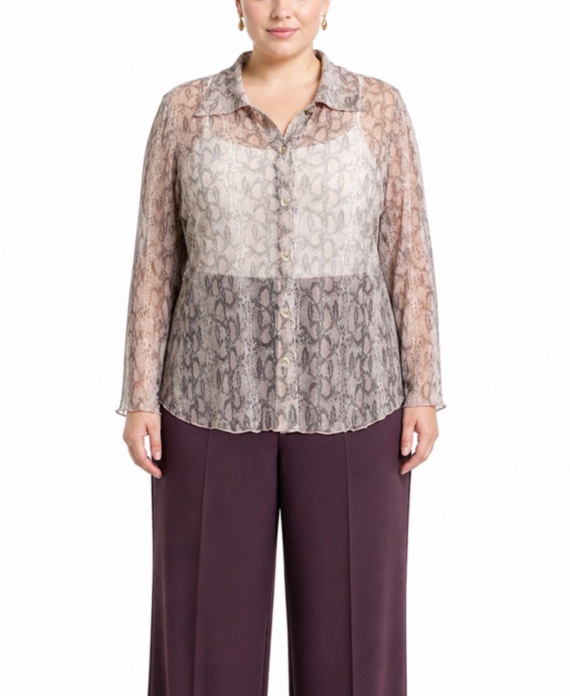 Plus Size Python Mesh Button-Front Shirt