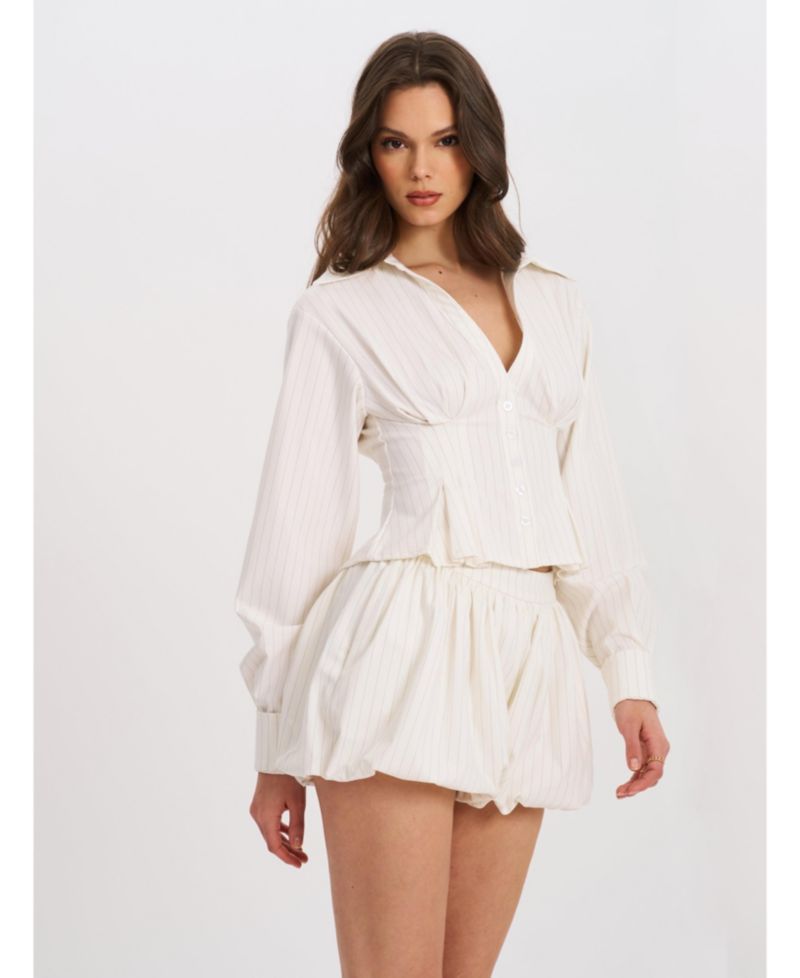 Women Sylvia White Pinstripe Deep V Pleated Shirt