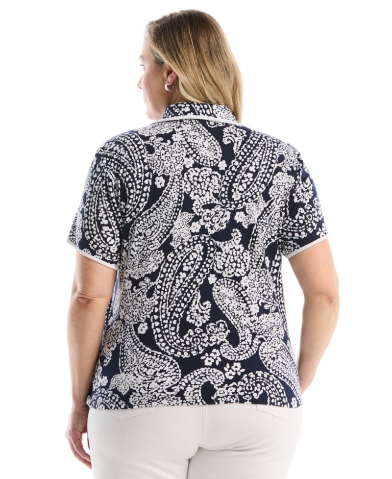 Plus Size Paisley Print Contrast Trim Johnny Collar Short-Sleeve Polo Shirt
