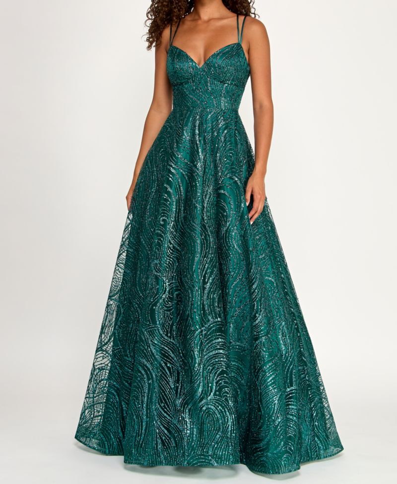 Juniors' Spaghetti Strap V Neck Glitter Pattern Gown with Lace Up Back