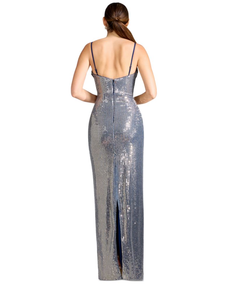 Women's Sleeveless Sweetheart Cowl-Neck Sequin Dress