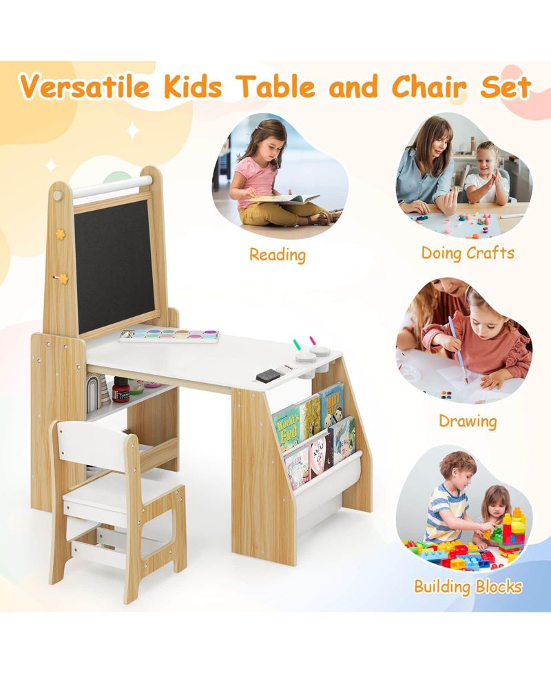 Kids Art Table and Chair Set with Easel Whiteboard Chalkboard Paper