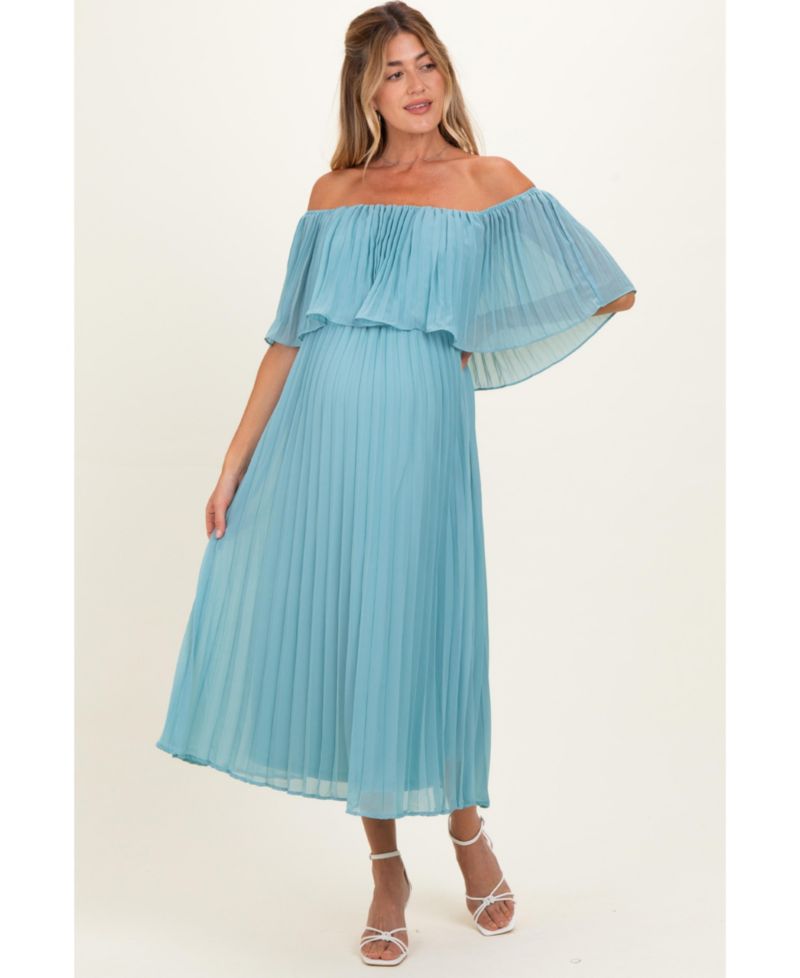 Maternity Pleated Off-the-Shoulder Flounce Midi Dress