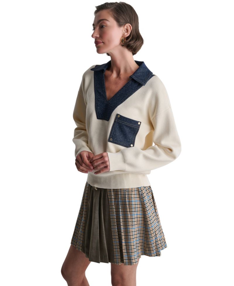 Women's Denim Trim Oversized Collared V-Neck Sweater