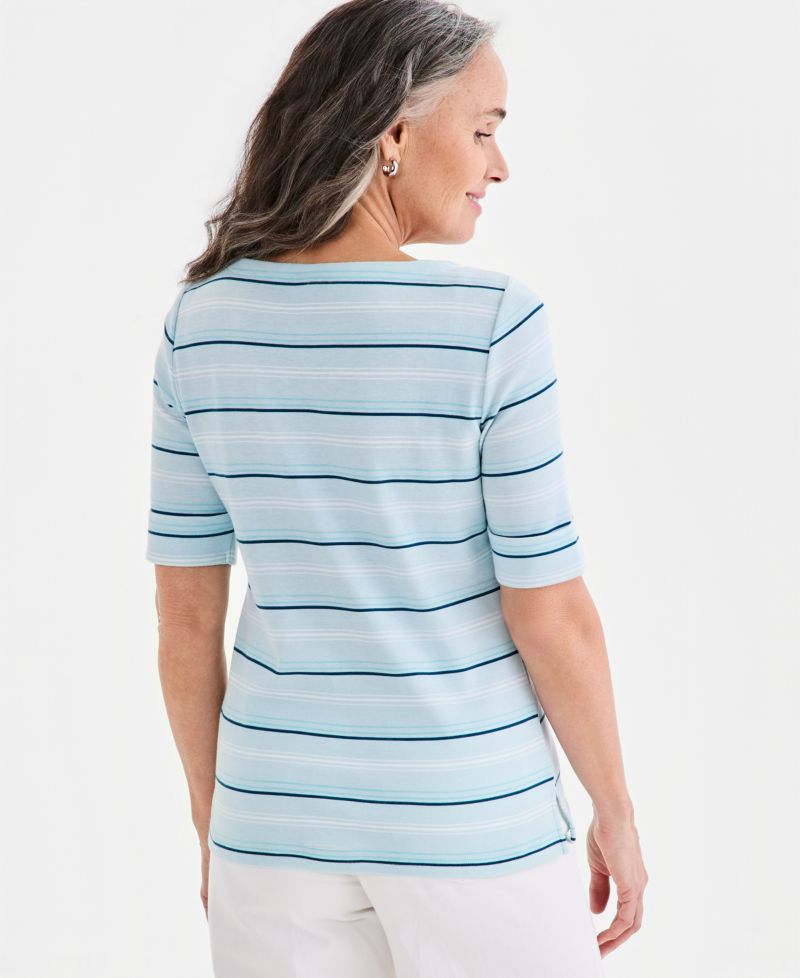 Petite Elbow-Sleeve Kelly Stripe Boat Neck Top