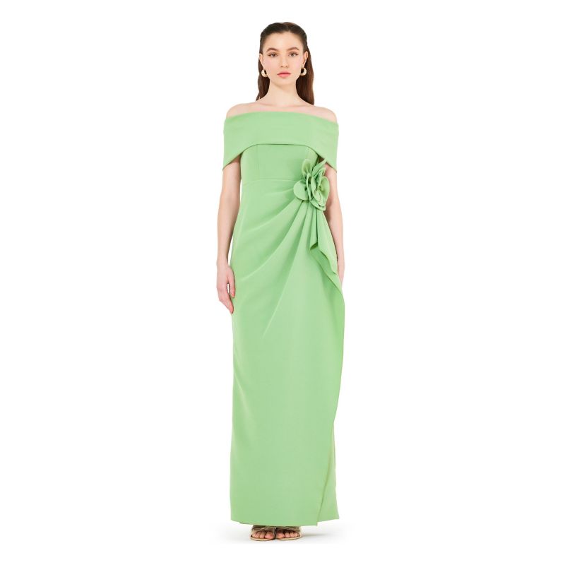 Bardot Neckline Floral Applique Pleated Gown
