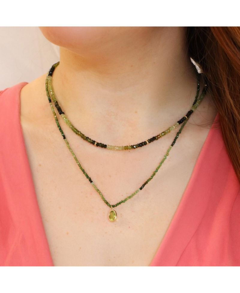 Green Tourmaline Bead Bezel Necklace 14K Yellow Gold