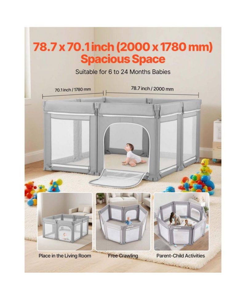 Foldable Baby Playpen for Toddlers, Large Play Yard with Soft Mesh Sides and Zippered Safety Door