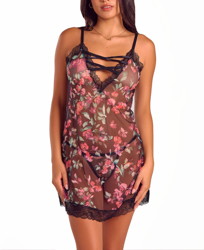 Womens Floral Lace Up Chemise Lingerie Set