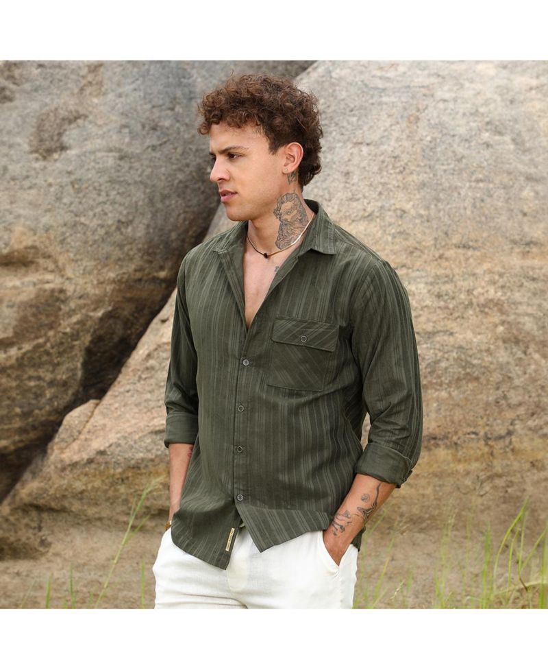 Men's Fern Green Multitrack-Striped Shirt