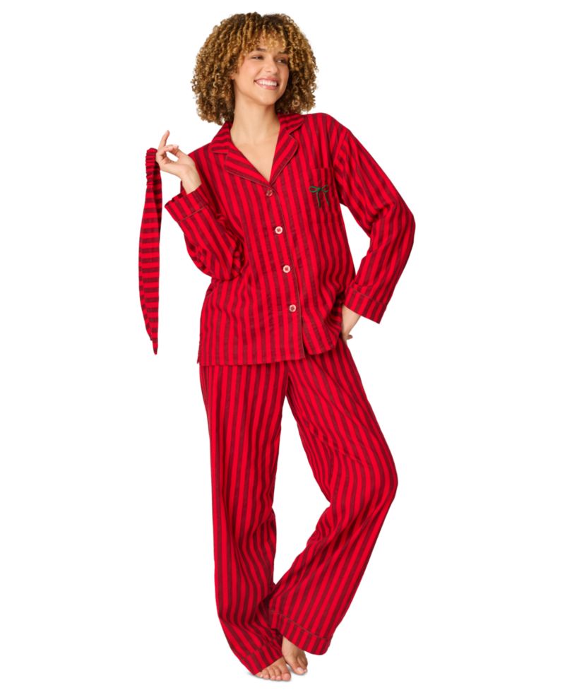 Women's Flannel Long-Sleeve Print Top and Pants, 2-Piece Set