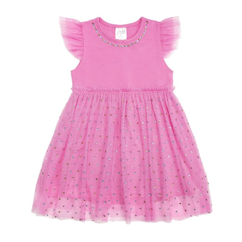Little Girls Raspberry Rhinestone Short Sleeve Tutu Dress