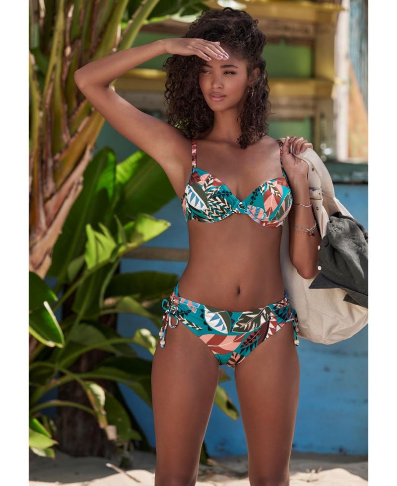 Women's Tropical Print Mid Rise Bikini Ruched Swim Bottom