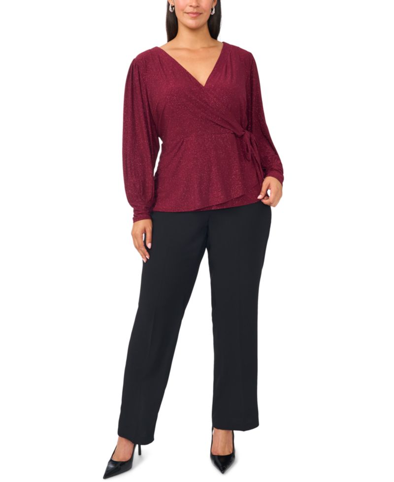 Plus Size Faraj Faux-Wrap Metallic Long-Sleeve Top