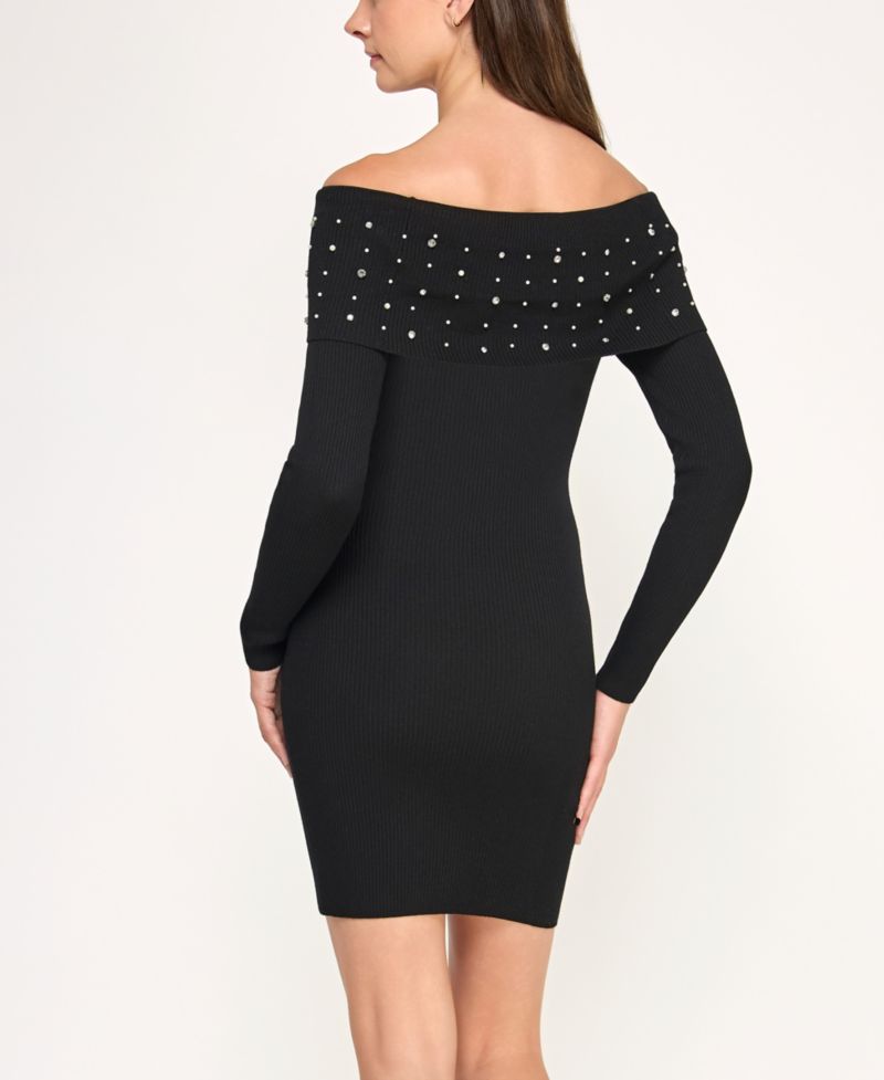 BCX Juniors Off The Shoulder Rhinestone Fitted Sweater Dress