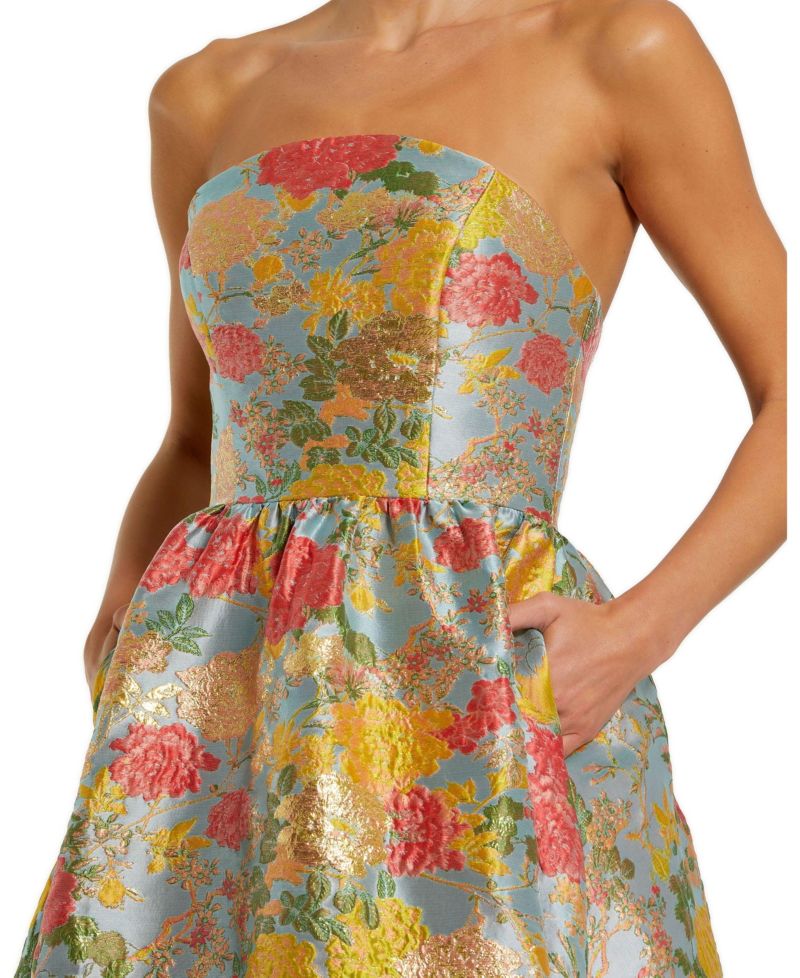 Women's Strapless Brocade Floral Gown With Ruffle Hem