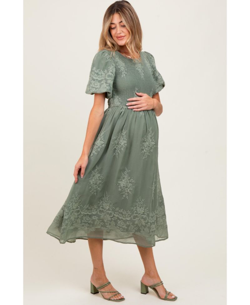 Women's Light Olive Floral Lace Smocked Midi Dress