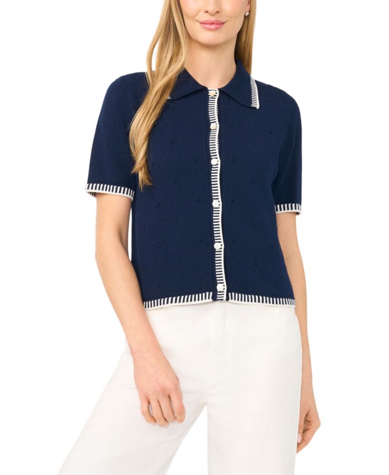 Women's Pointelle Short-Sleeve Collared Cotton Cardigan